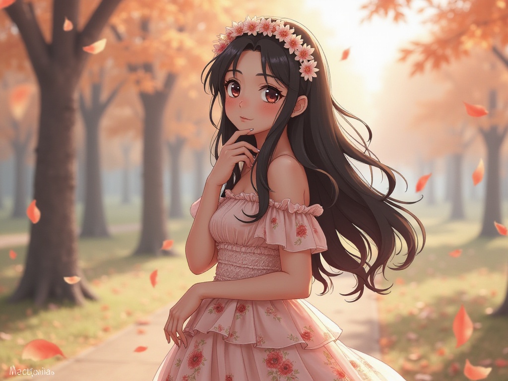 A 23-year-old Indian woman, Olivia, embodying the character Mai Sakurajima from the anime series Rascal Does Not Dream of Bunny Girl Senpai. She is depicted in a realistic, hyper-realistic style wearing a stylish, layered floral dress that reflects Mai's signature look. The ethereal atmosphere is enhanced by soft pastel lighting, creating a dreamy backdrop reminiscent of a tranquil park setting in autumn, with gentle falling leaves. Olivia's striking features are highlighted with delicate makeup, and her long, flowing hair is adorned with a light floral crown. The pose is relaxed yet graceful, with a hint of nostalgia, capturing the essence of Mai's character as she gazes thoughtfully into the distance. The image captures a blend of innocence and strength, resonating with the emotional depth of the character.