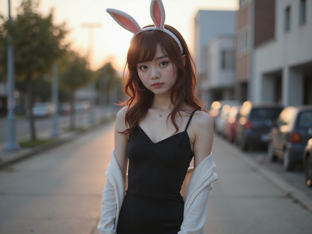 A poised 23-year-old woman, Emily, embodying the character Mai Sakurajima from the anime 'Rascal Does Not Dream of Bunny Girl Senpai.' She has soft, cascading chestnut hair that frames her face, adorned with a delicate hairband featuring bunny ears, enhancing her playful yet mysterious aura. Dressed in a form-fitting black dress that accentuates her figure, the outfit is layered with a white cardigan, which drapes elegantly over her silhouette. Set against a serene urban backdrop, the lighting is soft and warm, highlighting her Latin heritage and creating a dreamlike atmosphere. Her expression is contemplative yet alluring, capturing the essence of Mai’s character with an ethereal quality.