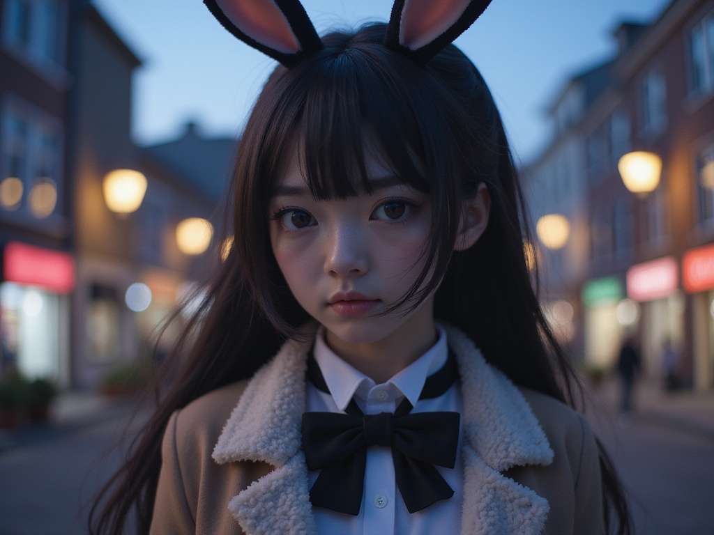 A 24-year-old white woman, Emily, transformed into Mai Sakurajima from the anime series Rascal Does Not Dream of Bunny Girl Senpai. Captured in a hyper-realistic style, she wears a sophisticated, intricately textured bunny girl outfit featuring soft fur accents and a charming black bowtie. Her long, flowing dark hair falls elegantly around her shoulders, framed by delicate bunny ears that add a whimsical touch. The setting is a dreamy cityscape at dusk, gently illuminated by the warm glow of streetlights, enhancing the enchanting feel of the character. Emily's expression is thoughtful and serene, evoking the emotional depth of Mai's character while maintaining a sense of modern elegance. The composition emphasizes soft lighting that creates a magical, ethereal atmosphere.