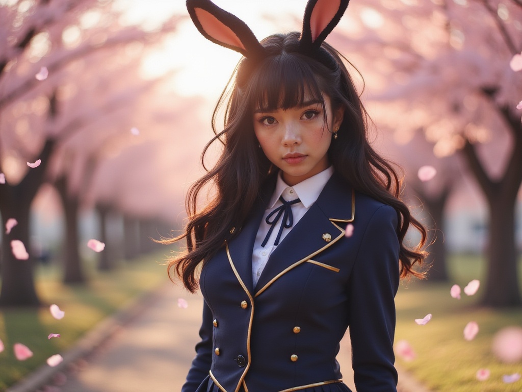 A stunning female model, Olivia, aged 29, portraying Mai Sakurajima with an enchanting allure. She has rich, sun-kissed skin that accentuates her Latin heritage, capturing the essence of the character. Olivia is dressed in a beautifully tailored navy school uniform featuring a stylish high collar and a flattering pleated skirt. Her long, dark hair cascades down her back, complemented by a pair of cute, oversized bunny ears that give a nod to the character’s playful spirit. The scene is set in a dreamy cherry blossom park, with delicate pink petals floating through the air, softly illuminated by the golden hour sun, creating a warm and nostalgic atmosphere. The composition focuses on her expressive eyes, radiating a mix of confidence and gentle whimsy, making this image a captivating tribute to the character. Emotional depth resonates as her gaze invites viewers into her world of magic and wonder.