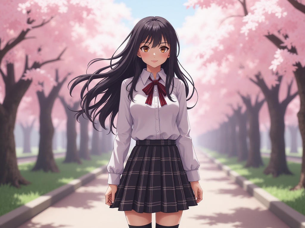 A stunning female model, Sarah, aged 27, portraying Mai Sakurajima from the popular anime series. She embodies the character with authenticity, featuring long, flowing black hair styled in soft waves that cascade over her shoulders. Dressed in a stylish, fitted school uniform that accentuates her Latin heritage, the outfit includes a crisp white blouse and a fitted plaid skirt, paired with knee-high socks and stylish shoes. The setting is a picturesque cherry blossom garden, light filtering through the blooming trees, creating a magical, ethereal atmosphere. The composition captures Sarah's serene yet enchanting expression, channeling Mai's essence, framed perfectly within a dreamy, highly detailed background. This hyper-realistic portrayal highlights her captivating beauty and cultural roots, enticing viewers into a world where fantasy meets reality.