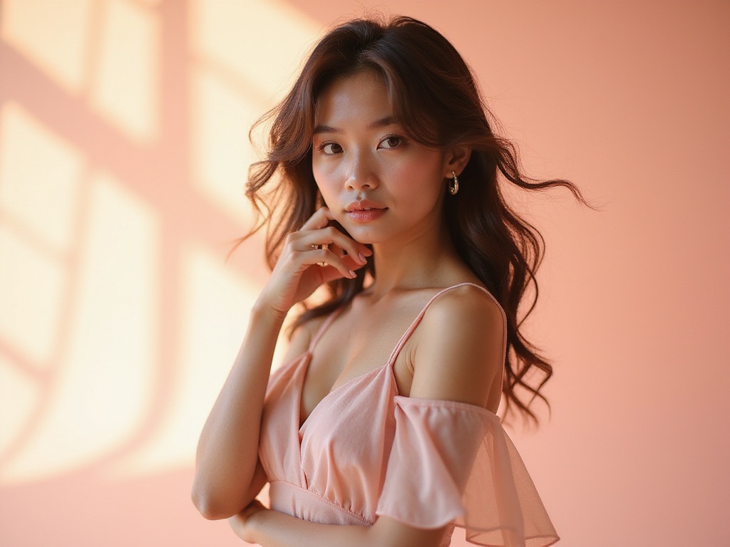 A striking young woman, Sarah, aged 24, embodying the essence of Mai Sakurajima with a modern twist. She is styled in a sleek, pastel pink dress with delicate, layered chiffon that drapes elegantly around her figure. Her natural, textured hair flows freely, complemented by soft, dewy makeup that enhances her features. Set against a dreamy, pastel-hued background reminiscent of a magical sunset, the atmosphere is whimsical yet grounded. Sarah's pose is casual yet confident, one hand lightly touching her chin, invoking a sense of thoughtful introspection. The lighting casts a warm glow that highlights her rich skin tone and the flowing fabric of her dress, capturing the delicate balance between fantasy and reality in this hyper-realistic portrayal.