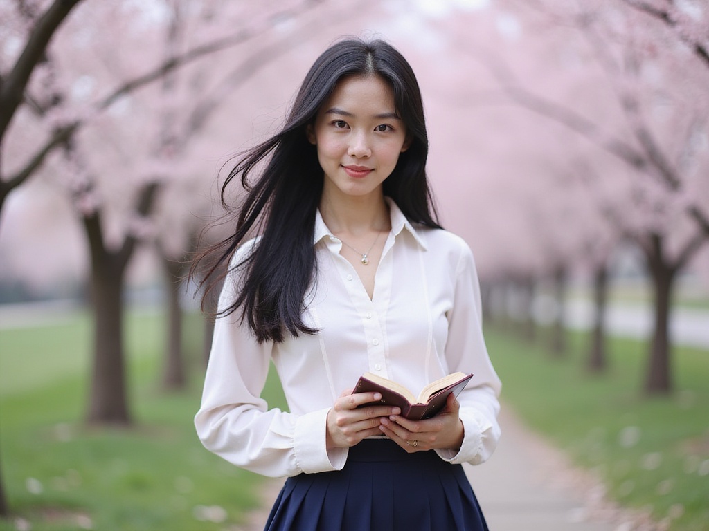 A stunning 29-year-old female model, Jane, embodying the character Mai Sakurajima. She has long, flowing black hair styled elegantly around her shoulders and wears a playful yet sophisticated outfit that features a fitted white blouse and a pleated navy skirt. The setting is a serene, softly blurred park with cherry blossom trees in full bloom, creating an ethereal atmosphere. Her expression is a blend of shy allure and confidence, with a gentle smile as she holds a book close to her. The photograph is captured in soft, diffused natural light that highlights her delicate features and the vibrant colors of her attire, evoking both the charm and complexity of the character. The overall feel is whimsical and dreamy, resonating with the emotional depth of the original character while showcasing a contemporary fashion approach.