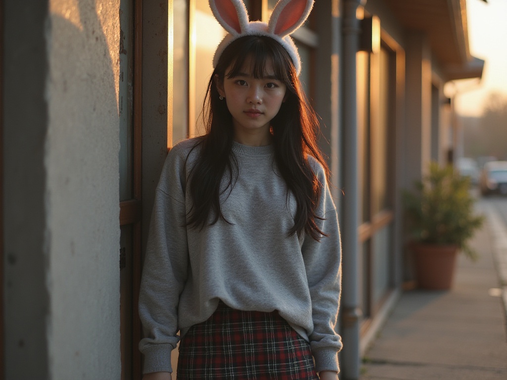 A 22-year-old Latin female, Emily, embodying the character Mai Sakurajima from the anime series Rascal Does Not Dream of Bunny Girl Senpai. She appears in a hyper-realistic portrayal, dressed in a stylish, oversized grey sweater that elegantly compliments her figure, paired with a short plaid skirt, showcasing a blend of casual and fashionable elements. Her long, dark hair cascades down her shoulders, subtly adorned with bunny ears, hinting at her character's whimsical nature. The setting is bathed in soft, golden hour light, casting a warm glow on her serene expression, hinting at mysterious allure. Subtle cinematic shadows play across her face, evoking a sense of timeless beauty and youthful innocence. The composition highlights her, with a slightly blurred background creating an intimate atmosphere, showcasing her elegant poise. The overall vibe reflects both charm and nostalgia, effectively encapsulating Mai's essence.