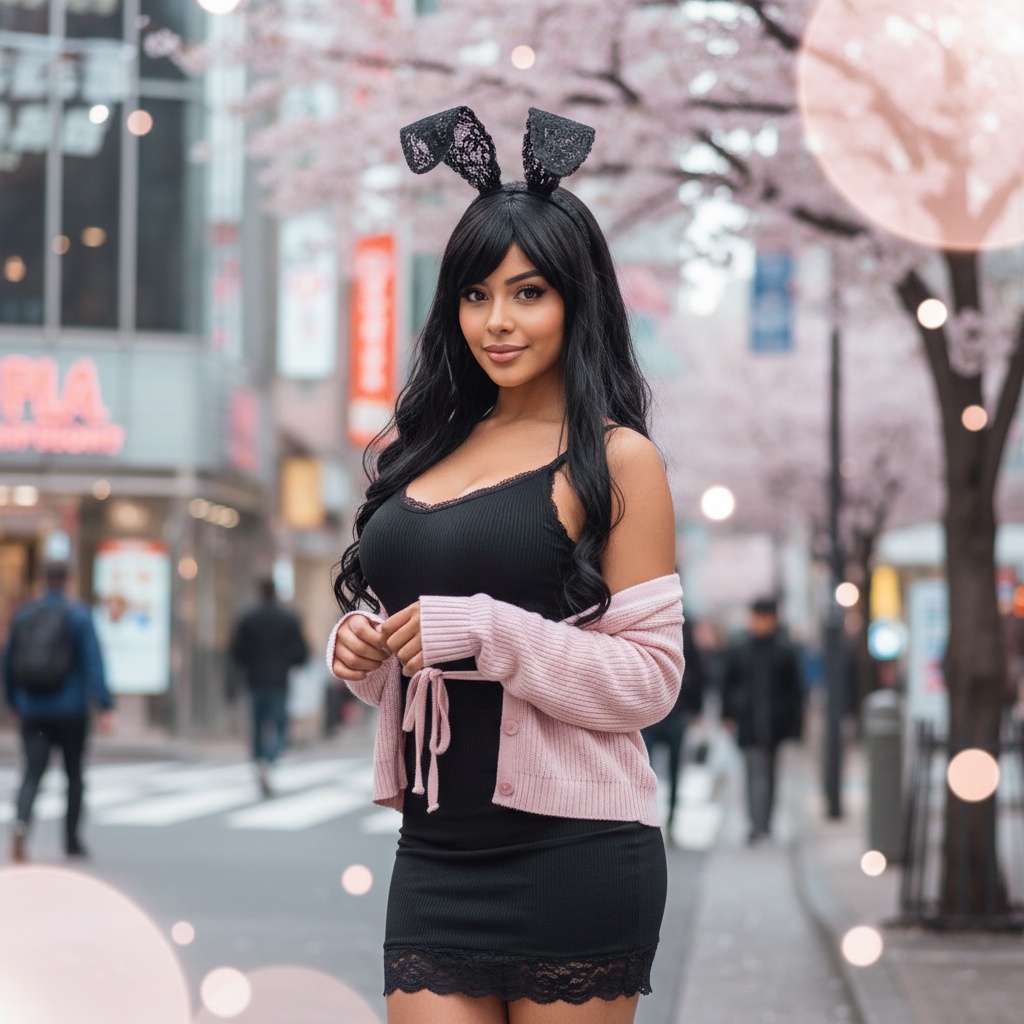 A realistic female model, Jane, aged 28, embodying the character Mai Sakurajima from the anime 'Rascal Does Not Dream of Bunny Girl Senpai.' She is styled with long, dark hair cascading in soft waves, adorned with a delicate bunny ear headband. Dressed in a fashionable yet whimsical outfit that features a sleek black dress with lace trim and a subtle pastel pink cardigan draped gracefully over her shoulders, she stands in a modern urban setting, reminiscent of a bustling Tokyo street. The background hints at cherry blossoms in bloom, adding to the ethereal charm. The composition captures a blend of elegance and playfulness, showcasing her Arab heritage with radiant skin and expressive features, perfectly lit with soft bokeh effects that create a dreamy atmosphere.