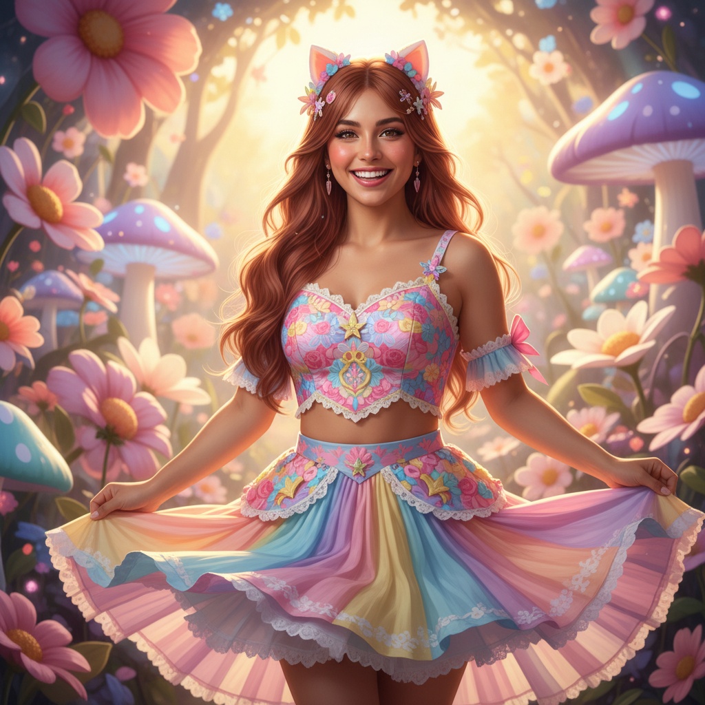 A stunning 24-year-old woman, Emily, embodying the vibrant spirit of Marin Kitagawa from the popular series. She is portrayed in a beautifully detailed costume, featuring a colorful, playful outfit that reflects her character's charm. The top consists of a fitted crop with intricate floral patterns, paired with a flared skirt that sways gently as she poses. Her long, wavy hair cascades down her shoulders, adorned with cute accessories that add to her lively persona. The setting is a bright, whimsical environment filled with pastel colors and soft textures, illustrating a dreamy ambiance. The portrait captures her infectious smile and dynamic energy, inviting viewers into her enchanting world. The composition emphasizes her Latin heritage through rich, warm tones that enhance her vibrant aura, with soft natural light illuminating her features and creating a sense of joy and spontaneity.