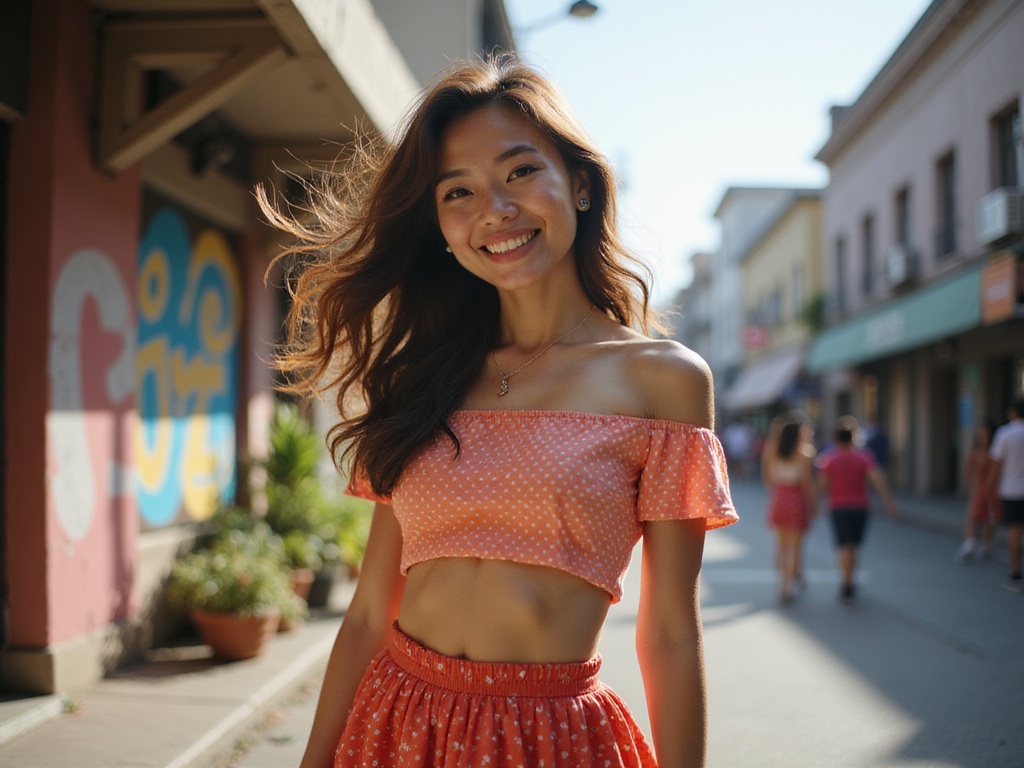 A striking 26-year-old woman, Sarah, embodying the essence of Marin Kitagawa with an Asian heritage. She is captured in a vibrant street scene, adorned in a playful yet stylish outfit—an off-shoulder crop top paired with a pleated skirt that dances with the wind. Her hair flows in luscious waves, styled with a playful side part, while she sports expressive makeup that highlights her youthful energy. The background boasts colorful urban graffiti and bustling city life, enhancing the lively atmosphere that complements her spirited pose and infectious smile. The sunlight filters through the scene, casting a warm glow, creating a vivid and engaging narrative full of personality and charm.
