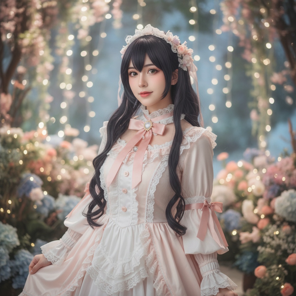 A striking portrait of Olivia, a 27-year-old woman portraying Marin Kitagawa, with an ethereal charm captured through hyper-realistic detail. She is adorned in a meticulously crafted ensemble that mirrors Marin’s iconic persona, featuring a flowing, pastel-hued dress with intricate lace-like details and playful frills. Her long, dark hair cascades in soft waves, framing her heart-shaped face adorned with subtle yet impactful makeup that brings out her radiant complexion. The background is a dreamy, whimsical setting filled with soft blossoms and twinkling fairy lights, evoking a sense of enchantment and youthful allure. The lighting is soft and flattering, enhancing her features and the vibrant colors of her outfit, creating a captivating visual narrative that embodies both innocence and boldness, channeling the spirit of Marin Kitagawa. Role-playing elements are emphasized to showcase a blend of modern fashion with classic charm.