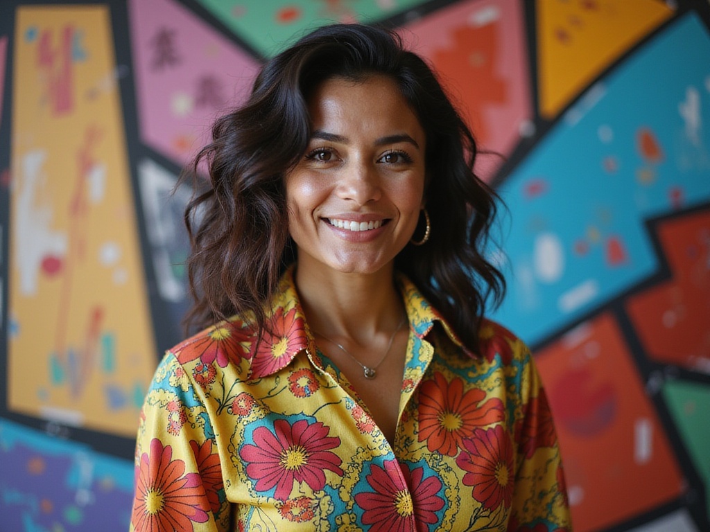 A captivating portrait of a 26-year-old Latina woman, Jane, embodying the essence of Marin Kitagawa. She is dressed in a vibrant, fashion-forward ensemble that showcases bold patterns and rich textures, channeling the lively spirit of the character. The background features an artistic blend of colorful street art, enhancing the playful energy of the scene. Her hair is styled in loose waves, framing her face delicately, with a confident smile that expresses warmth and charm. The lighting is bright, casting soft highlights across her features to emphasize her dynamic presence, creating an atmosphere that is both lively and endearing.