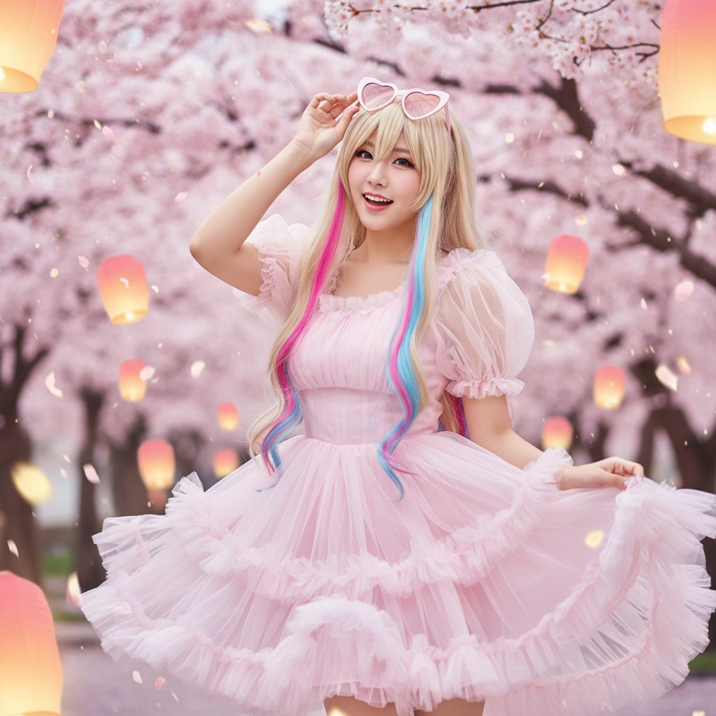 A striking portrait of a 24-year-old Asian woman, Sarah, embodying the character Marin Kitagawa from a contemporary manga series. She is styled in a playful yet fashionable outfit, featuring a fitted pastel pink dress adorned with delicate ruffles and layered tulle that flows with movement. Her hair is styled in soft waves, with fun, vibrant streaks that mirror the character's lively spirit. Captured against a whimsical backdrop of cherry blossoms in full bloom, the lighting is soft and ethereal, creating a dreamlike atmosphere. Sarah's expression is cheerful and inviting, radiating confidence and charm, making her a modern muse in the realm of fandom fashion. The composition showcases the joy and exuberance of youth, perfect for a fashion editorial.