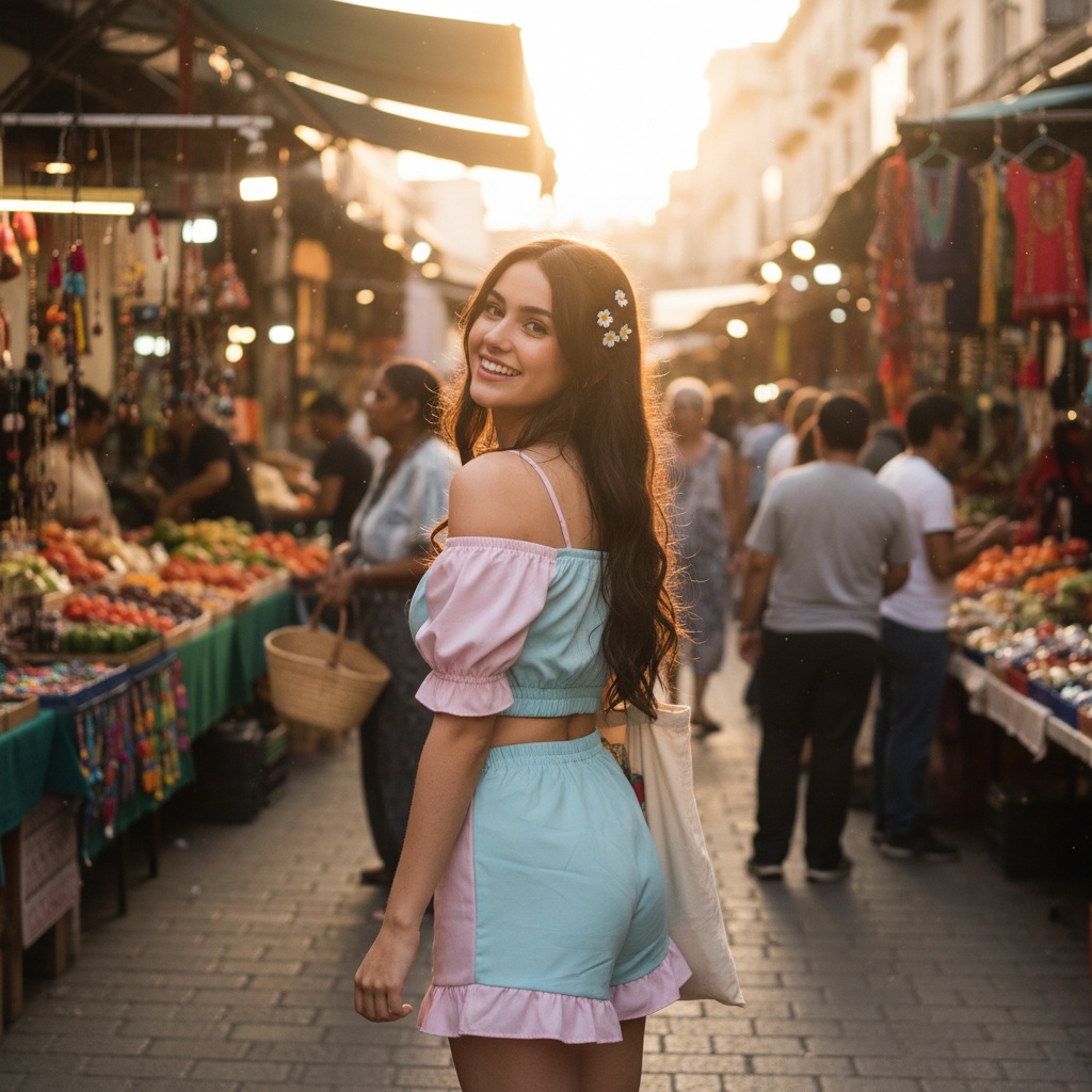 A realistic portrayal of a 26-year-old female, Olivia, as Marin Kitagawa. She embodies vibrant energy and playful charm, dressed in a stylish, pastel-colored two-piece outfit featuring a crop top and high-waisted shorts that accentuate her figure. Her long, dark hair cascades in loose waves, adorned with subtle flower hairpins. The setting is a sunlit outdoor market filled with colorful stalls and lively atmosphere, capturing the essence of youthful adventure and cultural richness. The warmth of the golden hour creates a dreamy glow around her, enhancing the joyful spirit of the scene.