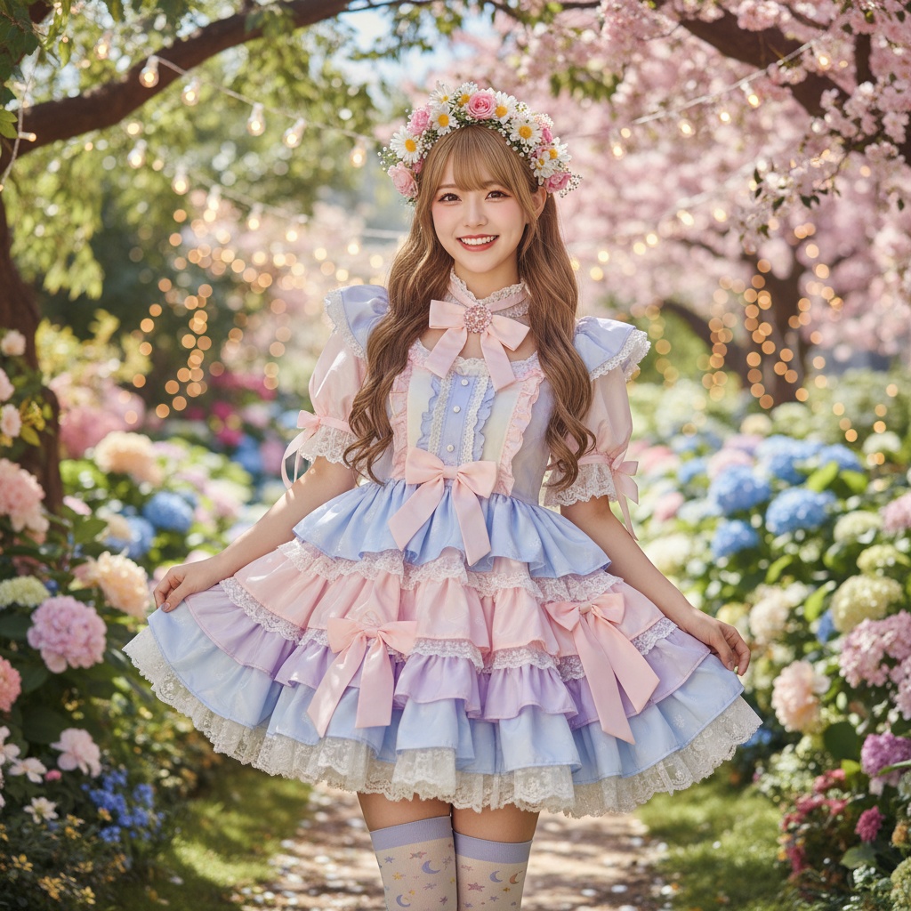 A 27-year-old Asian female model, Sarah, embodies the vibrant spirit of Marin Kitagawa, dressed in a whimsical pastel-colored ensemble that captures her playful essence. The outfit consists of a frilly, layered dress with intricate lace detailing and oversized bows, paired with knee-high socks adorned with delicate patterns. Her hair is styled in loose, wavy layers, adorned with a floral headband that enhances her youthful charm. The setting is an enchanting garden filled with blooming flowers and twinkling fairy lights, creating a dreamy atmosphere. The sunlight filters softly through the leaves, casting dappled shadows and highlighting her radiant smile, which conveys joy and confidence—perfectly channeling the character's playful energy in a photorealistic style.