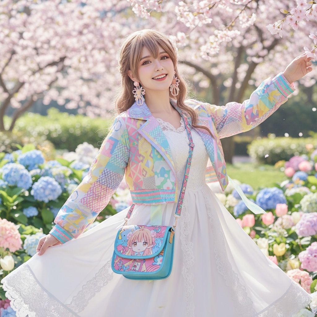 A 23-year-old woman, Sarah, role-playing as Marin Kitagawa, exuding youthful exuberance and confidence. She is depicted in a vibrant, sun-soaked setting, embodying the character's playful essence through a stylish outfit featuring a colorful, anime-inspired ensemble with layered fabrics and bold patterns. Her white, flowing dress adorned with intricate lace details sways softly in the gentle breeze. Accessories include oversized earrings and a chic crossbody bag, enhancing the lively aesthetic. Sarah's hair is styled in soft waves, framing her face adorned with light, natural makeup that highlights her bright smile. The background features a whimsical garden filled with pastel-colored flowers, creating a magical ambiance. The overall mood is cheerful and dynamic, capturing the spirit of Marin Kitagawa in a hyper-realistic portrayal.