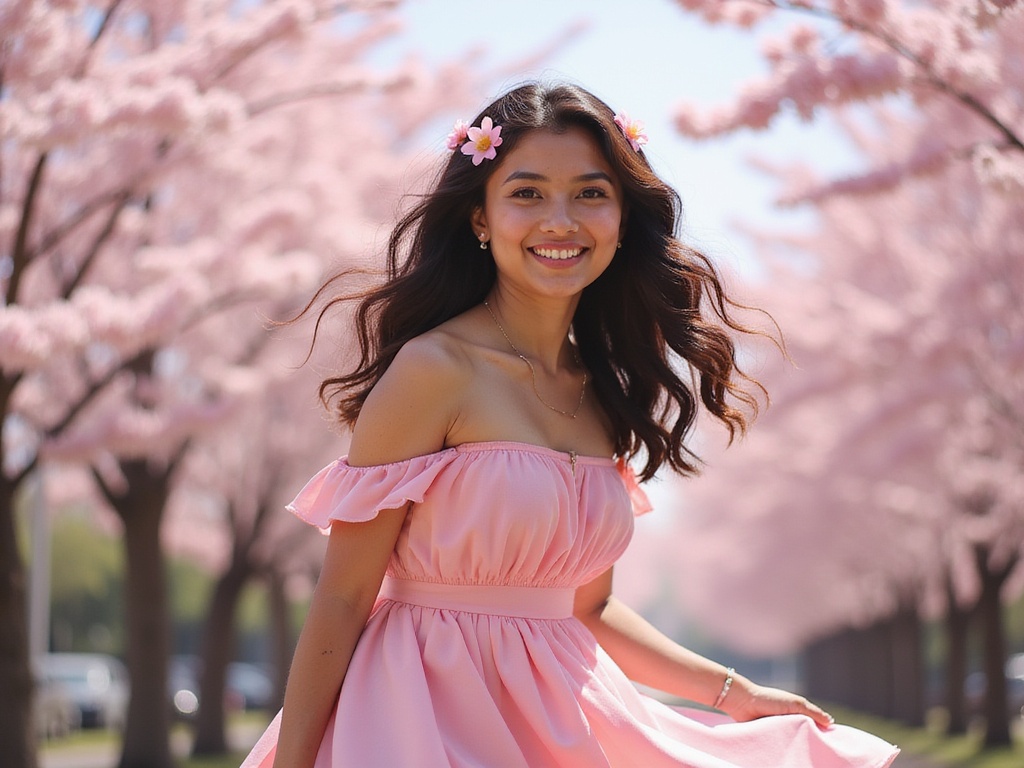 A vibrant and dynamic portrait of Olivia, a 23-year-old woman embodying the character Marin Kitagawa from the popular anime series, but styled as a realistic individual. She is dressed in a stunning, pastel-colored off-shoulder dress that flutters softly around her as she poses playfully against a backdrop of cherry blossom trees in full bloom. Her hair is styled in loose, playful waves adorned with flower clips that catch the sunlight. With an infectious smile and bright, expressive eyes, Olivia’s pose radiates youthful exuberance and charm, capturing the essence of the character while celebrating her Indian heritage. Soft, natural lighting enhances her warm skin tone, creating a whimsical yet grounded atmosphere that invites connection and joy.