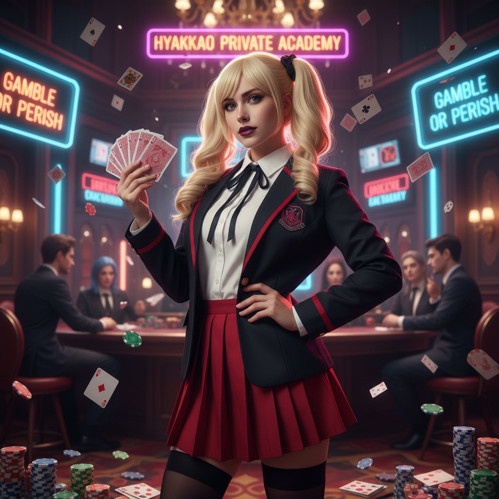 A 22-year-old female model, Olivia, embodying the character Mary Saotome from Kakegurui. She stands in a vibrant setting that echoes the high stakes of a gambling hall, showcasing her sharp, confident demeanor. Dressed in a tailored black blazer with red accents and a crisp white shirt underneath, her outfit reflects Mary’s strategic and ambitious personality. Olivia's hair is styled in sleek, defined curls that frame her face, while her makeup enhances her natural beauty with bold brows and a deep berry lip. She holds a deck of cards in one hand, the other resting playfully on her hip. The composition is carefully crafted with dramatic lighting that emphasizes her strong features, creating a powerful juxtaposition of elegance and intensity.