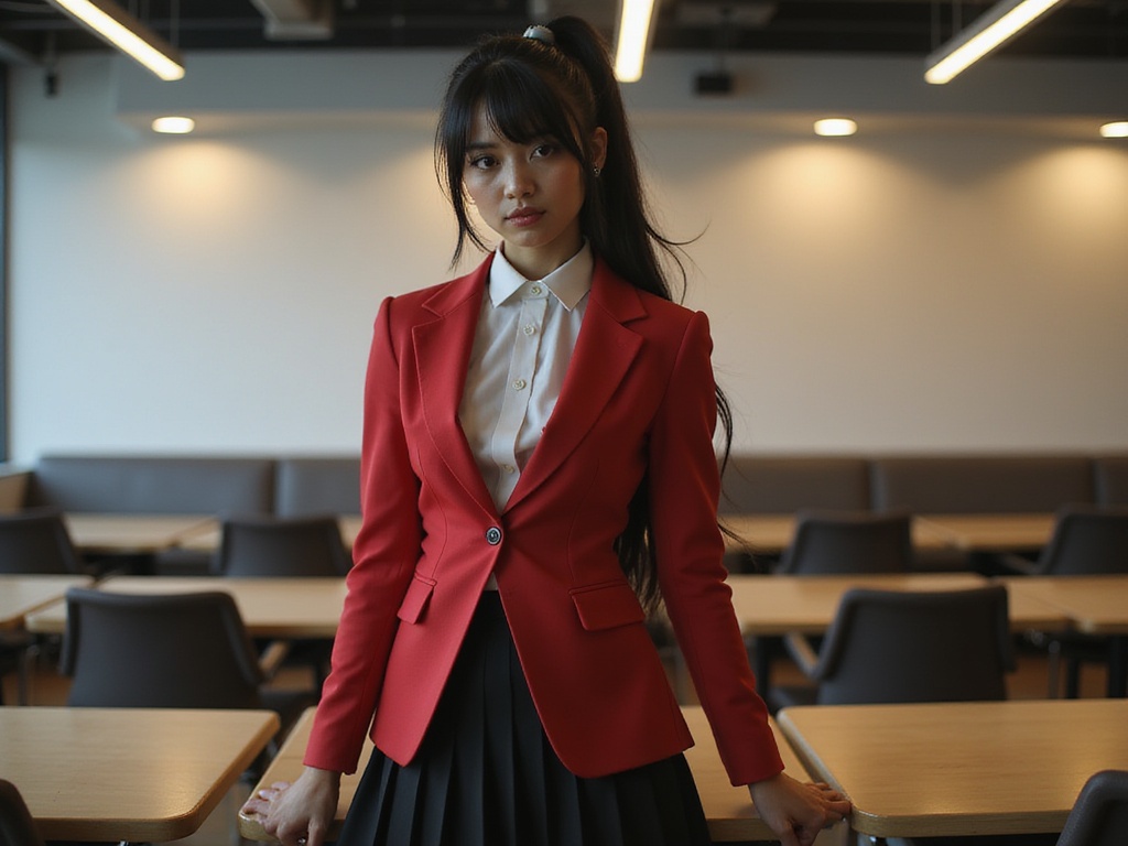 A 24-year-old Indian female, Olivia, portraying Mary Saotome from the anime Kakegurui, exudes captivating confidence and intensity. She wears a sleek, tailored red blazer paired with a fitted black pleated skirt, embodying the traditional yet modern school aesthetic. Her long, dark hair is styled in a high ponytail, with wisps framing her face, and her expression is fierce yet charming, suggesting strategy and determination. The backdrop is a trendy, contemporary classroom filled with stylish furnishings and ambient lighting, creating a balanced contrast between the character’s playful nature and the serious environment. The image captures the essence of Mary’s competitive spirit while maintaining a fashion-forward edge, perfect for a high-fashion editorial.