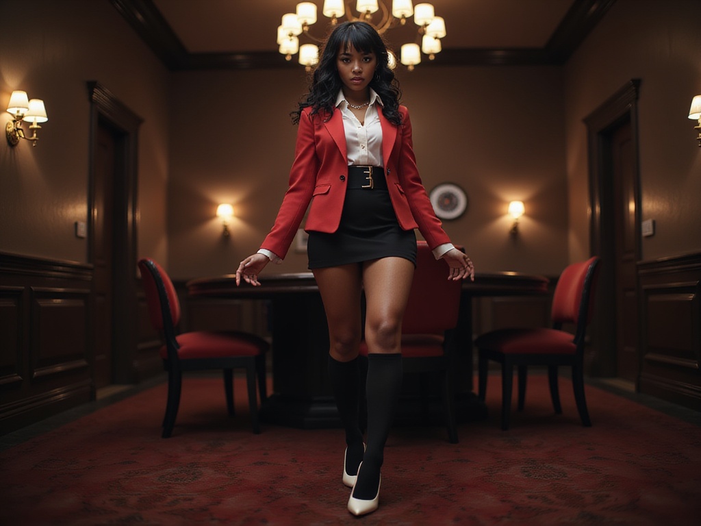 A striking 29-year-old black female figure, Emily, embodying the character of Mary Saotome from the anime series Kakegurui. She is styled in a sleek, tailored red blazer over a fitted white blouse, paired with a high-waisted black skirt. Accentuating her look, she wears knee-high black socks and stylish white platform shoes. Her hair is styled in elegant, cascading curls, and her expression is confident yet enigmatic, capturing the essence of Mary’s cunning charm. The background features an upscale casino setting, complete with dim lighting and opulent décor, enhancing the dramatic mood of the shot. The composition focuses on Emily’s poised body language, suggesting both power and intelligence, rendered in sharp, vivid detail to evoke the electrifying presence of the character.