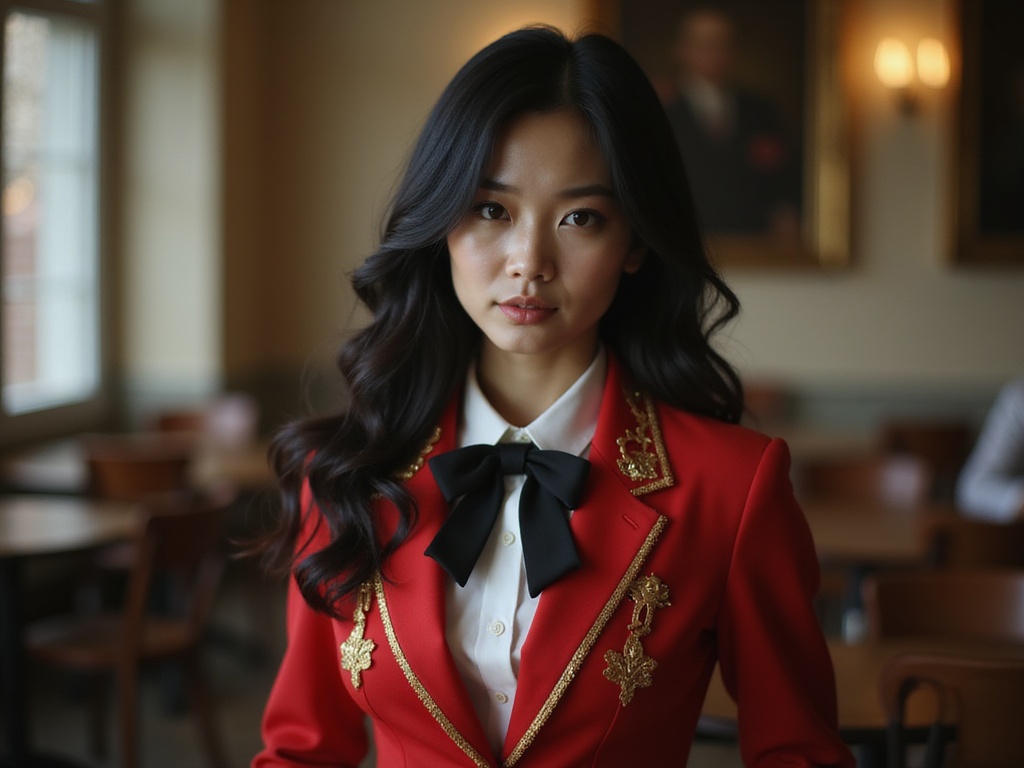 A 25-year-old Asian female model, Emily, embodying the character Mary Saotome from the popular anime 'Kakegurui.' She wears a fitted red blazer adorned with gold embroidery, reflecting the high-stakes glamour of the elite gambling school. Underneath, a crisp white blouse adds elegance, while a black ribbon tie gently contrasts the vibrant red. Her long, glossy black hair cascades in soft waves, framing her face, and her expression is one of determination and confidence, subtly hinting at the cunning intelligence of her character. The setting is a luxurious classroom environment filled with vintage decor, evoking a sense of both tension and sophistication. The lighting is soft yet dramatic, accentuating her features and the intricate details of her outfit, capturing the essence of a high-fashion editorial suited for the pages of a contemporary magazine.