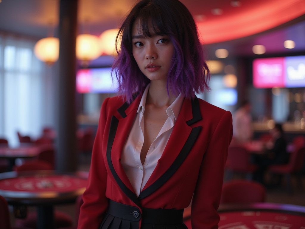A captivating portrayal of a 26-year-old Asian woman, Olivia, embodying the character of Mary Saotome from the anime Kakegurui in a hyper-realistic role-playing setting. She wears a sharp, tailored red blazer with black accents, featuring a white blouse underneath, and a black pleated skirt that flows dramatically. Her styling includes vibrant purple highlights framing her face, and her expression reflects the combination of intelligence and mischief associated with Mary. The backdrop is a modern, high-stakes casino environment, enhanced with soft ambient lighting that creates a glamorous yet tense atmosphere. The focus is on her expressive eyes and confident stance, beautifully capturing the spirit of the character in a fashion-forward context.