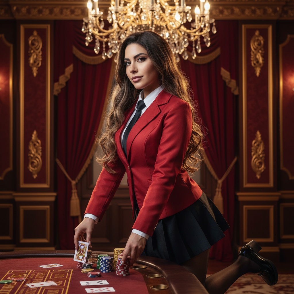A vibrant and dynamic portrait of a 26-year-old Latina woman, Sarah, embodying the character Mary Saotome from the popular series Kakegurui. She is stylishly dressed in a fitted red blazer with sharp lapels, paired with a sleek black skirt that exudes both power and femininity. Her long, dark hair is meticulously styled in loose waves, framing her face beautifully as she exudes confidence. The setting features a plush, upscale casino ambiance, with rich textures like plush velvet and shining golden accents, enhancing the high-stakes atmosphere of the scene. The lighting is dramatic, spotlighting her with soft glows and casting intriguing shadows, capturing the essence of risk and allure in her expression. Her pose suggests both readiness and poise, as if she’s about to make a daring move at the card table, embodying the strategic beauty of her character. The overall aesthetic is polished, blending high fashion with a touch of playful charisma.