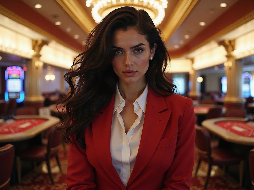 A striking female character, Sarah, aged 23, embodying Mary Saotome from the series Kakegurui. She is depicted in a sleek, tailored red blazer worn over a crisp white blouse, conveying a blend of boldness and sophistication. Her deep curly hair flows elegantly, framing her face, which features radiant, flawless skin. The background is a vibrant scene of a lavish casino, complete with glittering lights and high-stakes gaming tables, enhancing the dramatic atmosphere. The composition captures her confident gaze, filled with determination and ambition, reflecting the essence of a modern femme fatale, creating a compelling fusion of high fashion and narrative depth.