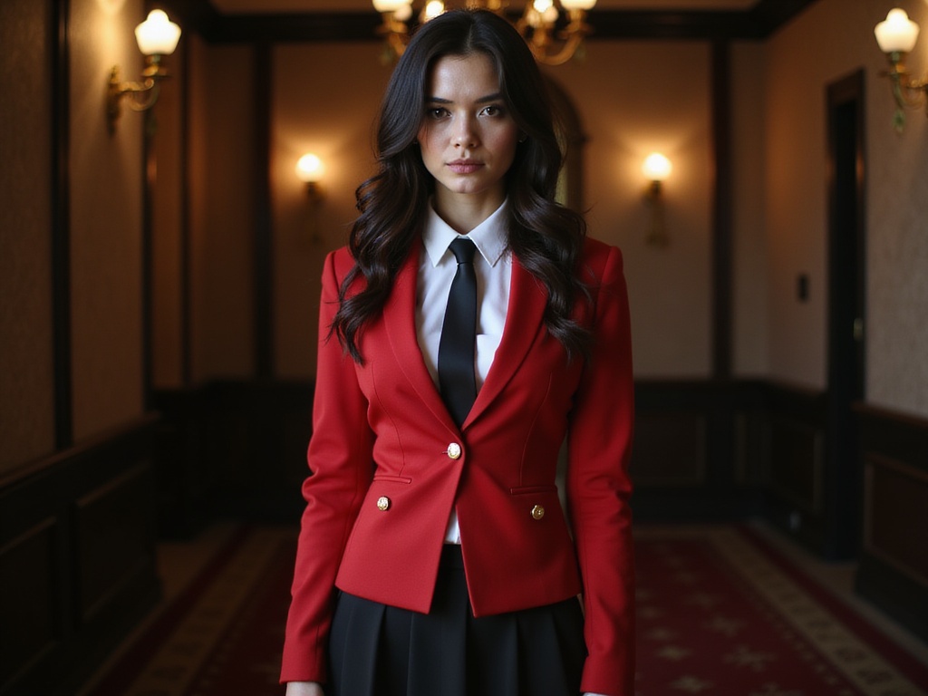 A striking female model, Sarah, aged 28, embodying the character Mary Saotome from the popular series Kakegurui. She stands with an air of confidence, her attire reflecting the character's iconic school uniform: a fitted, tailored red blazer adorned with gold buttons, complemented by a crisp white shirt and a black tie. Her black skirt falls just above the knee, lending a youthful yet sophisticated allure. To emphasize her features, her hair is styled in loose, cascading curls, framing her face beautifully. Set against a luxurious, opulent background, perhaps reminiscent of a high-stakes gaming room, the lighting is dramatic, casting deep shadows and highlights that accentuate her strong facial features and the rich colors of her outfit. The shot captures Sarah’s captivating gaze, evoking a sense of mystery and allure, embodying the high-stakes world of Kakegurui while portraying the character's vibrant personality.