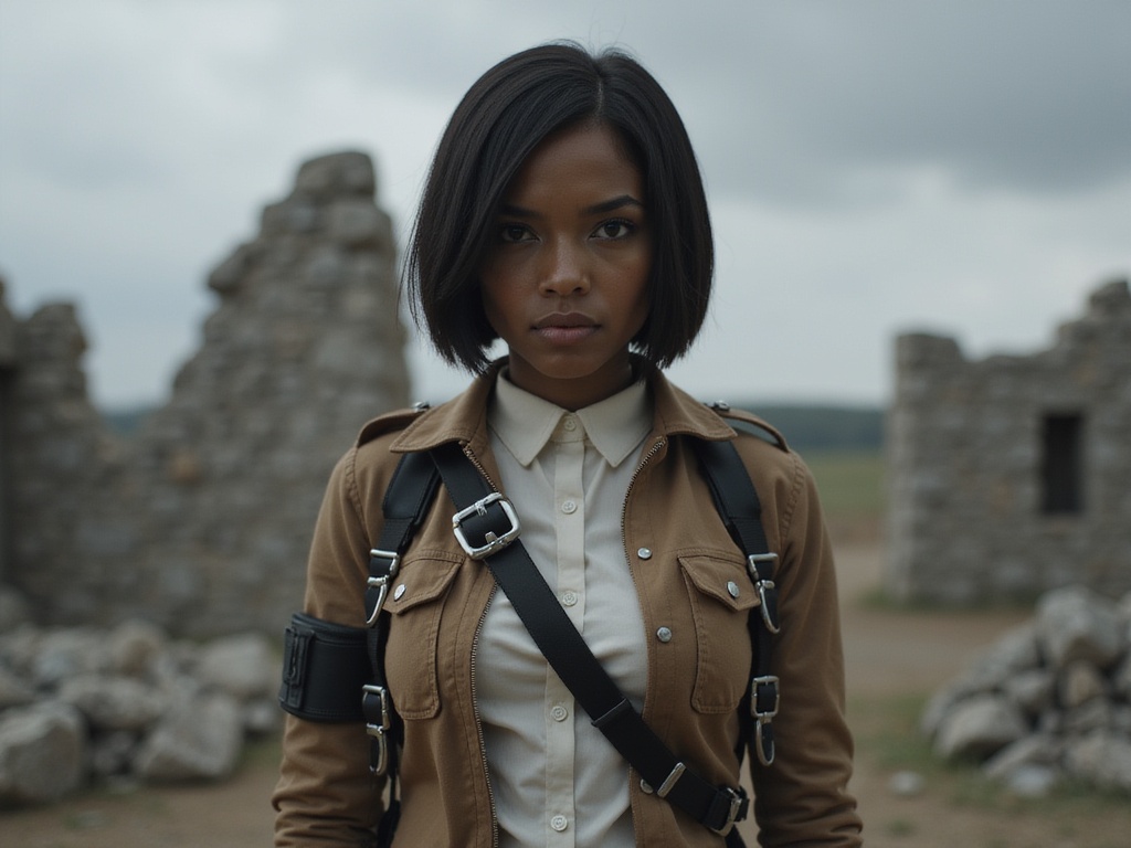 A 26-year-old Black woman, Jane, is beautifully portraying Mikasa Ackerman, capturing the essence of the character from Attack on Titan. She wears a carefully tailored survey corps uniform, featuring a snug brown jacket layered over a crisp white shirt and equipped with a black harness and gear. Her hair is styled in a sleek, short bob, emphasizing her determined expression. The setting represents a dramatic battlefield, with muted gray skies and crumbling stone structures in the background, evoking a sense of urgency and valor. The image is framed with a focus on dynamic action, celebrating the strength and resilience of the character, rendered in hyper-realistic detail. The lighting creates a stark contrast, highlighting her features and the textured fabric of her outfit, immersing viewers in this powerful narrative of bravery and tenacity.