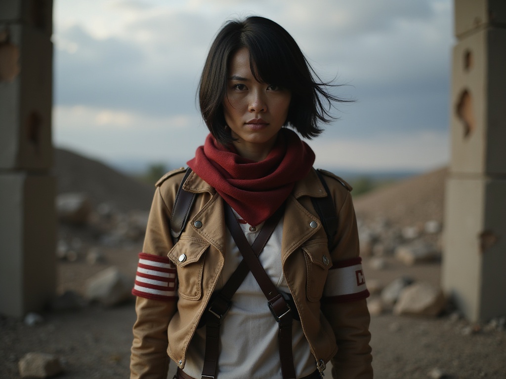 A 27-year-old woman, Sarah, role-playing as Mikasa Ackerman from Attack on Titan, presented in a hyper-realistic fashion. She stands fiercely against a dramatic backdrop, embodying the character's strength and determination. Dressed in Mikasa's iconic Survey Corps uniform, complete with a fitted jacket and tactical gear, her natural hair is styled in a sleek bob with a signature red scarf elegantly draped around her neck. The setting features an apocalyptic landscape, with hints of crumbling walls and a dusky sky, enhancing the character's fierce persona. Lighting creates cinematic shadows that sculpt her features, imbuing the shot with a sense of urgency and depth. This image evokes the resilience and tenacity of the character, inviting the viewer into her world. The composition highlights her powerful stance, projecting confidence as a modern warrior.ROLE-PLAYING, HYPER-REALISTIC