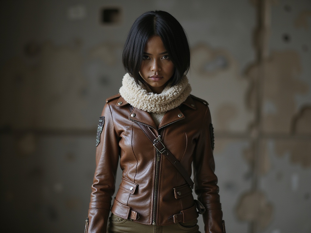 A 28-year-old black female portraying Mikasa Ackerman from Attack on Titan, named Emily, stands poised against a dramatic, post-apocalyptic backdrop that echoes the anime’s intense narrative. She is clad in Mikasa’s signature Survey Corps uniform, meticulously crafted from weathered materials, featuring a fitted leather jacket, trousers, and a plush scarf that envelops her neck. The clothing exudes tactical functionality, showcasing the character's strength. Emily’s hair is styled in a sleek, no-nonsense bob, mirroring Mikasa’s fierce demeanor. Her expression is resolute, eyes filled with determination, capturing the essence of a warrior prepared for battle. The lighting is stark and contrasts, enhancing her strong features and the details of her attire, while dynamic angles add to the sense of movement and action. This image embodies both the character's power and the emotional depth of her story, appealing to fans of the series while celebrating a multifaceted interpretation of the iconic role.