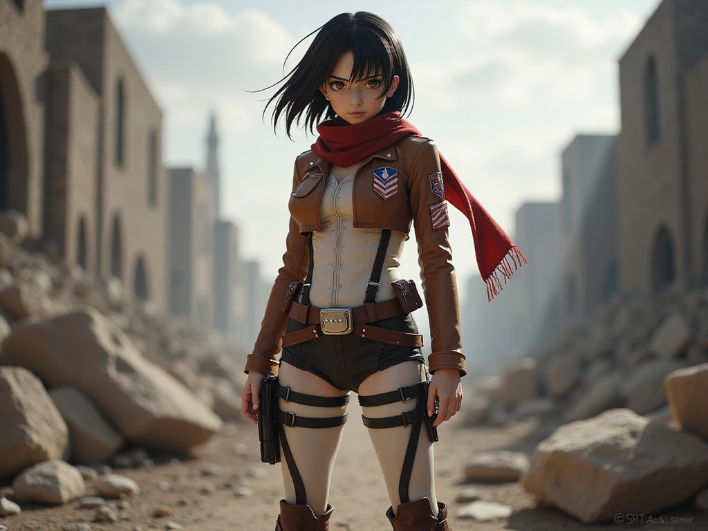 A realistic portrayal of a 23-year-old female, Sarah, embodying Mikasa Ackerman from the anime Attack on Titan. She stands confidently in a dramatic landscape, inspired by the show's aesthetic, with a fierce expression that showcases both strength and determination. Dressed in Mikasa's iconic Survey Corps uniform, the fitted jacket and high-waisted pants are meticulously detailed, featuring insignia and leather boots. Her black hair falls in a sleek bob, framed by a red scarf, adding a vibrant touch. The backdrop is a war-torn cityscape, creating an atmosphere of tension and action, with dynamic lighting casting shadows that emphasize her fierce stance. This hyper-realistic scene captures the essence of a warrior ready for battle, resonating with fans of the character.