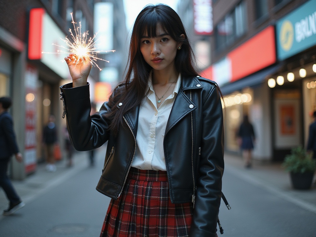 A 24-year-old Latina woman named Emily, ROLE-PLAYING as Mikoto Misaka, stands confidently in an urban setting that evokes a sense of high-energy dynamism. She wears a stylish yet practical outfit inspired by Mikoto's character—an edgy, fitted black jacket with a white blouse underneath, and a pleated plaid skirt. Her long dark hair is styled in a loose, natural manner, with a few strands catching the light. The backdrop features a bustling cityscape, bringing an animated feel to the scene. She raises one hand, allowing electric sparks to flicker from her fingertips, capturing the essence of her character. The lighting is vibrant, illuminating her expression of confidence and determination, set against a hint of dramatic shadows. This hyper-realistic portrayal beautifully combines the spirit of the character with contemporary street fashion.