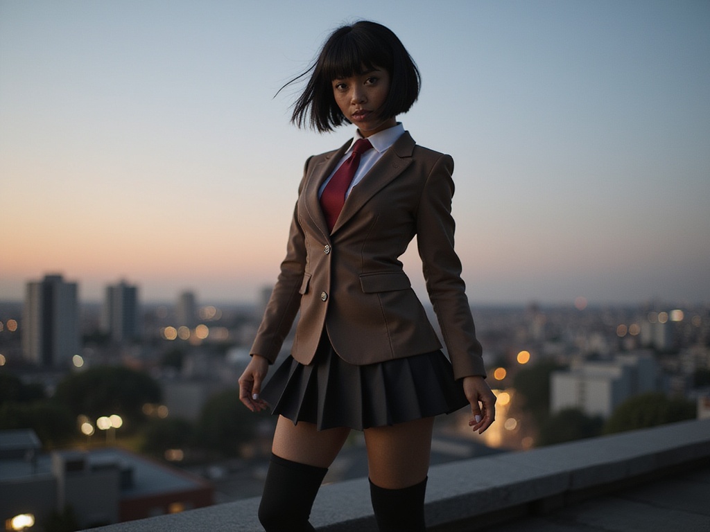 A stunning 28-year-old black woman, Jane, role-playing as Mikoto Misaka, exuding both strength and elegance. She is dressed in a hyper-realistic interpretation of Mikoto's signature outfit: a tailored brown school uniform with a crisp white shirt and a red tie, paired with thigh-high black stockings. Her hair is styled in a short, dynamic cut, framing her fierce yet friendly expression. The setting is an urban backdrop at dusk, with city lights beginning to twinkle, enhancing the character's electrifying aura. Jane's pose is confident, suggesting movement as she stands on the edge of a rooftop, ready to harness her powers. The lighting captures dramatic shadows, emphasizing her features in a fashion-forward style, making the image both striking and relatable.
