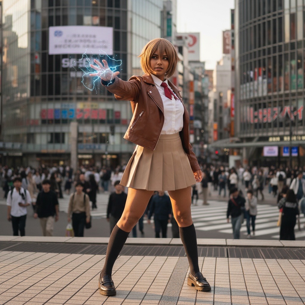 A stunning portrayal of a 29-year-old female character, Jane, role-playing as Mikoto Misaka from the anime. She embodies the character's energetic spirit, dressed in a stylish, contemporary adaptation of Misaka's signature look, featuring a fitted beige skirt and a casual white blouse layered with a chic brown jacket. Her hair is styled in a short, slightly tousled bob, reflecting Mikoto's signature style, with striking electrokinetic effects illustrated with subtle lighting around her fingers. The setting captures an urban environment, with a vibrant energy reminiscent of a bustling Japanese city, softened by a late afternoon glow that enhances the warmth of her Indian complexion. She stands confidently, exuding strength and charm, ready to unleash her powers in a HYPER-REALISTIC, dynamic pose that captures the essence of the character.