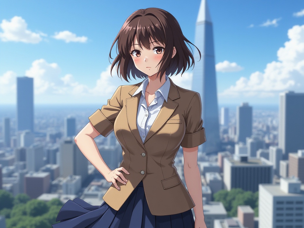 A female model, Olivia, aged 26, embodying the character Mikoto Misaka from the anime, depicted in a hyper-realistic portrayal. She is dressed in a stylish and modern interpretation of Mikoto's signature outfit—featuring a tailored, short-sleeved brown blazer adorned with subtle details, a crisp white blouse underneath, and a pleated navy skirt that sways slightly in the breeze. Her hair is styled in a short, tousled bob with chocolate brown highlights framing her face perfectly. The vibrant cityscape of a futuristic Tokyo in the background enhances her energetic persona, evoking a sense of adventure and determination. The lighting is bright and dynamic, highlighting her expressive features with a soft depth of field. Olivia’s pose exudes confidence, with one hand on her hip and the other raised slightly, as if she’s preparing for action. This image captures the essence of strength and youthful vigor, ensuring a visual narrative that blends fashion with anime culture. ROLE-PLAYING, HYPER-REALISTIC.