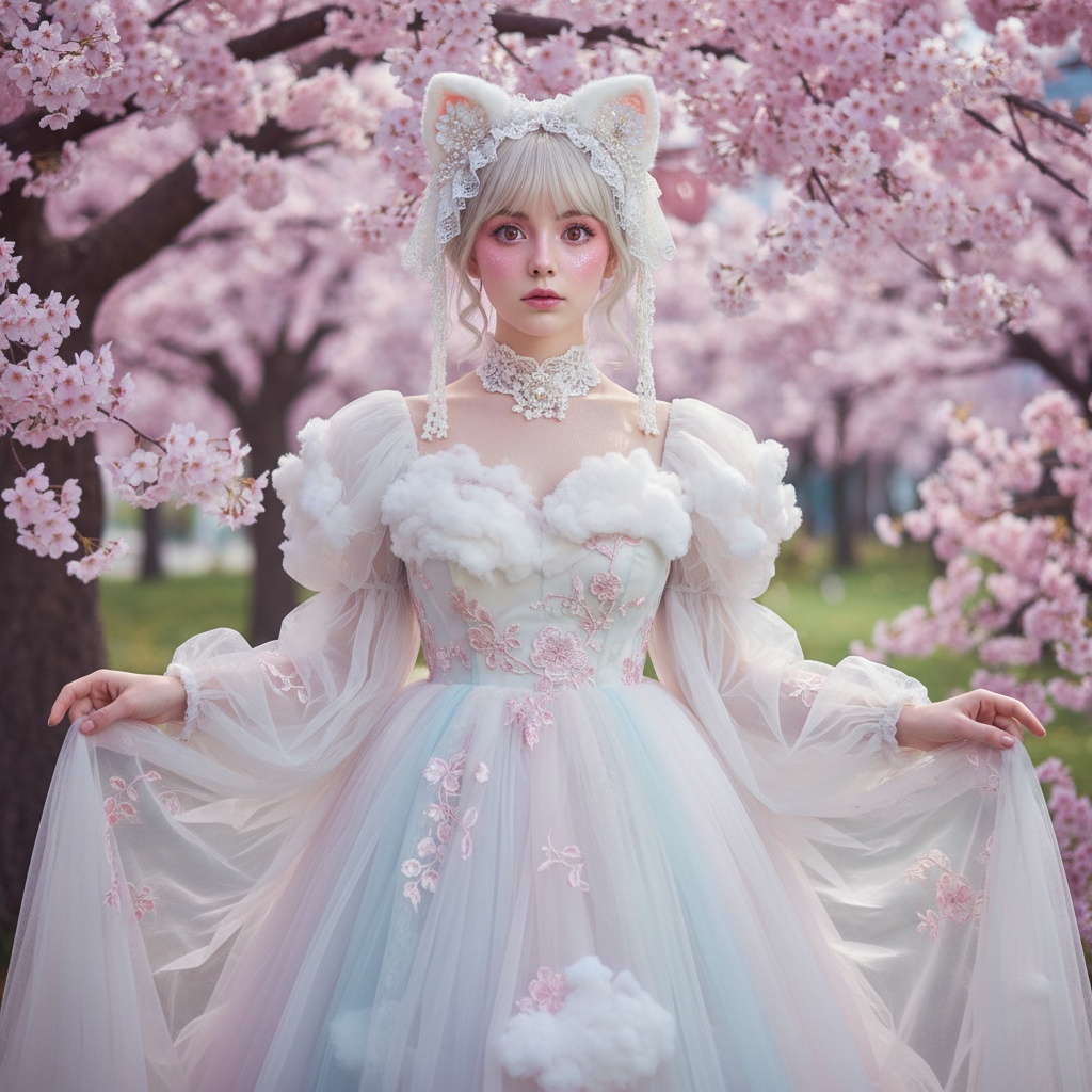 A 25-year-old woman, Emily, embodying the role of Neko Hime, is showcased in a captivating fashion shoot. She wears an opulent, fluffy white cat-eared headpiece adorned with delicate lace and pearls, along with a flowing pastel dress made of chiffon and tulle that echo the shapes of soft clouds. The ensemble features hand-embroidered floral motifs that shimmer under soft lighting, complementing her ethereal look. Emily's porcelain complexion is enhanced with light blush and shimmering highlighter, her eyes wide and expressive, characteristic of a whimsical fantasy character. The backdrop is a dreamlike garden filled with cherry blossoms, creating a serene, magical atmosphere that emphasizes her Neko Hime persona. The overall composition showcases a soft and delicate aesthetic, echoing the charm of Japanese pop culture while presenting a modern editorial twist.