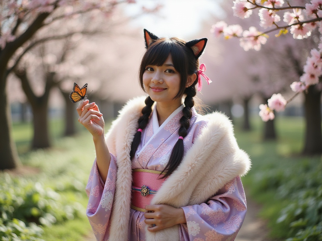 A 28-year-old Middle Eastern woman, Olivia, ROLE-PLAYING as Neko Hime, is captured in a lush, enchanted garden. She wears an elaborate kimono adorned with intricate cherry blossom patterns in pastel tones of pink and lavender, paired with a faux fur wrap that drapes elegantly over her shoulders. Her hair is styled into playful pigtails, with delicate cat ears peeking through, emphasizing her feline persona. The setting is filled with blooming flowers and dappled sunlight filtering through the trees, creating a dreamy, whimsical atmosphere. Her pose is playful yet serene, with a soft smile on her lips and one hand gently reaching towards a butterfly, embodying the grace and charm of a modern fairy tale character. The image is vibrant and full of life, inviting viewers into a magical world.