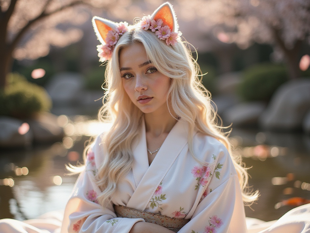 A stunning 29-year-old female, Olivia, embodying the ethereal essence of Neko Hime. Dressed in a luxurious white kimono adorned with delicate cherry blossom motifs, the fabric flows gracefully around her. Her porcelain skin contrasts beautifully with her long, flowing hair, styled in soft waves that cascade down her back, enhancing the whimsical aura. She wears elegant cat ears atop her head, intricately embellished with pastel flowers, blending fantasy with beauty. The setting is a serene Japanese garden, with gentle cherry blossom petals drifting through the air and a tranquil koi pond reflecting the vibrant colors of her attire. Soft, golden hour lighting bathes the scene, creating an enchanting, dreamlike atmosphere. Olivia’s expression is serene yet playful, capturing the duality of a princess and a feline enchantress in one perfect moment.