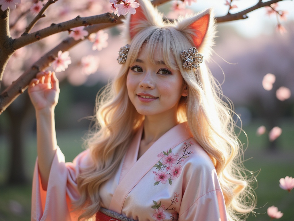 A 26-year-old woman, Sarah, embodying the ethereal essence of Neko Hime, wears a luxurious kimono crafted from shimmering silk in pastel colors, adorned with delicate cherry blossom motifs. Her hair, long and flowing, is styled with soft curls and decorated with ornate hairpins that glimmer in the light. Large, expressive cat ears peek out from her hair, showcasing her whimsical nature. The setting is a serene Japanese garden, where cherry blossom petals float in the gentle breeze, enhancing the dreamlike atmosphere. The lighting is soft, creating a warm glow that highlights her porcelain skin. The pose is playful yet graceful, with one hand delicately touching a branch, conveying a sense of harmony with her surroundings. This image captures both fantasy and elegance, evoking a sense of cultural richness and enchantment.