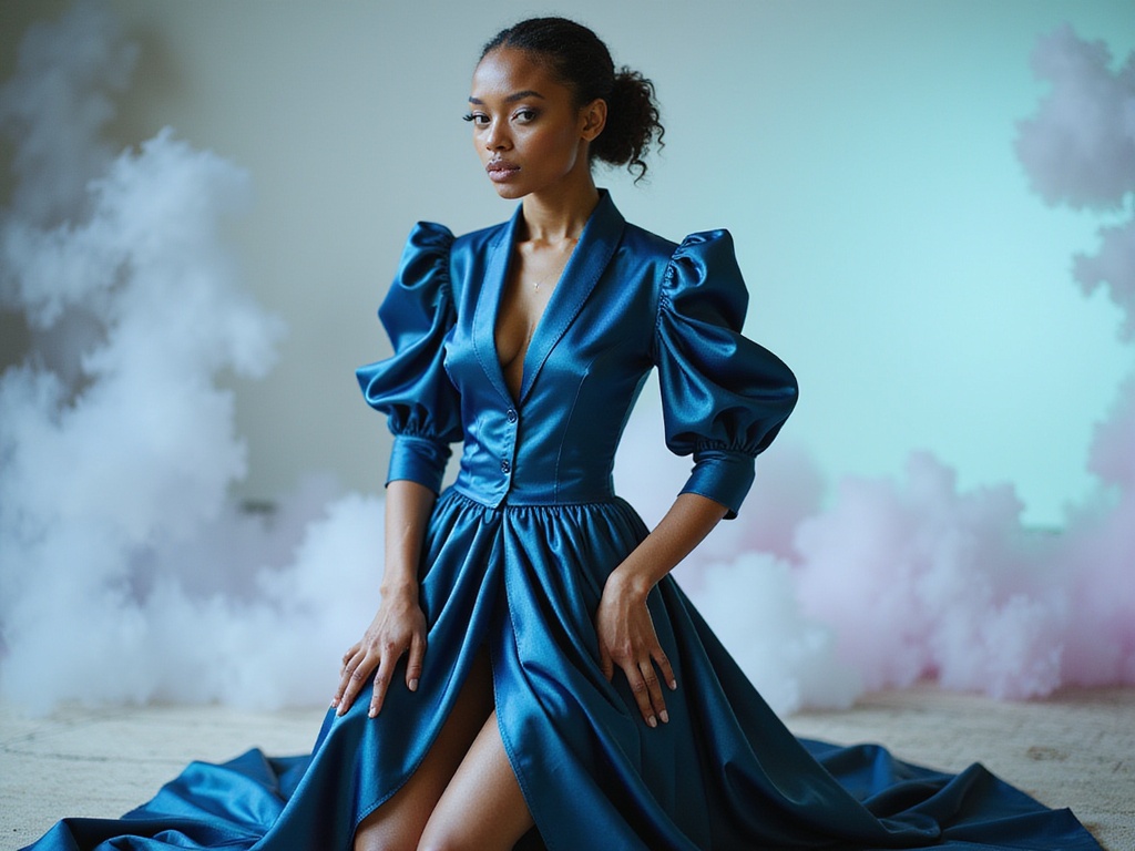A stunning female model, Sarah, aged 27, embodying the enigmatic spirit of Rem. She wears a beautifully tailored outfit featuring an iridescent deep blue satin blouse with dramatic puffed sleeves, paired with a flowing, asymmetrical skirt that cascades to the floor. Her complexion, rich and radiant, glows against the ethereal setting reminiscent of a dreamscape with soft pastel colors and wisps of mist. Sarah's hair is styled in an elegant natural curl that frames her face, and her makeup emphasizes her striking features with bold, artistic eyeliner and a soft nude lip. Her pose, hands delicately positioned at her waist, projects confidence and grace, with a slight tilt of the head adding an element of intrigue. The soft, diffused lighting creates an otherworldly atmosphere that enhances the overall magical allure of the scene.