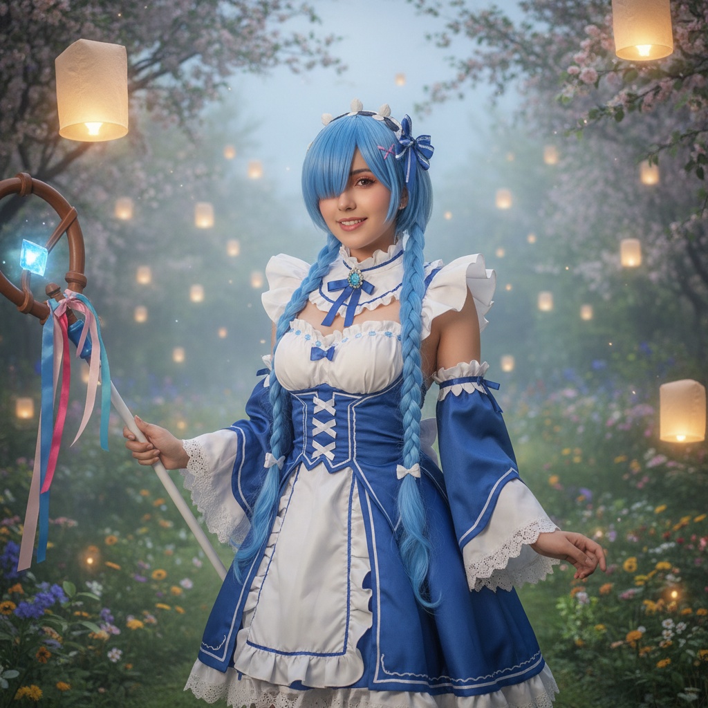 A young Latina woman, Olivia, aged 22, portraying Rem from the popular anime in a hyper-realistic role-playing scenario. She wears a meticulously crafted blue and white dress with elegant lace and frills, a detailed headpiece adorned with a blue ribbon, and her long hair styled in twin braids. The setting is a whimsical, softly lit garden filled with floating lanterns and lush greenery, creating a dreamy atmosphere that echoes the enchanting world of her character. The lighting enhances the ethereal quality, casting soft shadows and highlighting the intricate textures of her outfit. Her expression is playful yet serene, perfectly embodying the spirit of Rem, making the scene feel immersive and magical. ROLE-PLAYING, HYPER-REALISTIC.