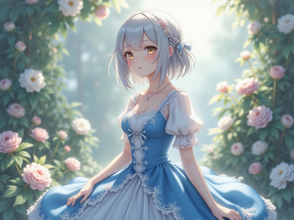 A stunning portrayal of a 26-year-old female character, Emily, embodying the whimsical essence of Rem from the popular anime context. She is depicted in a realistic human format, wearing an intricate, flowing blue and white dress with lace accents and puffed sleeves, echoing Rem's signature aesthetic. Her hair is styled in a soft bob with a distinct side braid, complemented by a delicate headpiece. The setting is a serene, enchanted garden filled with blooming flowers and ethereal light, creating a dreamy atmosphere. The composition is artistic and enchanting, with soft pastels defining the scene. The overall mood exudes charm and elegance, capturing the spirit of the beloved character in a hyper-realistic manner.