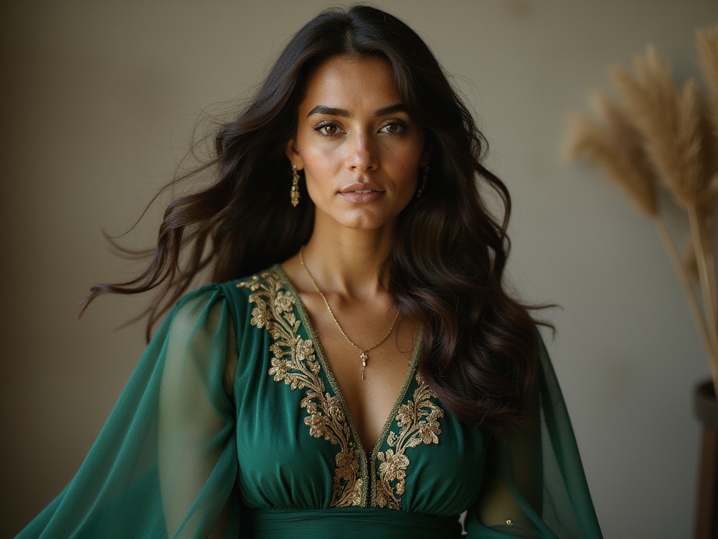 A striking portrait of a female figure, Jane, aged 22, embodying the spirit of Rem with a contemporary twist. Her Middle Eastern heritage shines through in her warm brown skin and dark, flowing hair styled in soft waves framing her delicate face. She wears a luxuriously textured deep emerald gown made of chiffon georgette, with intricate golden embroidery that hints at royal elegance. The backdrop features a muted, ethereal landscape inspired by fictional realms, adding an otherworldly atmosphere. The lighting creates gentle highlights on her features, while soft shadows enhance her confident, yet serene expression. This image captures the essence of fantasy fashion, evoking a dreamy narrative that captivates the viewer's imagination.
