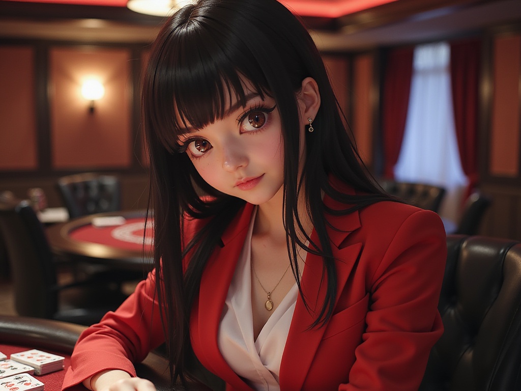 A 27-year-old Asian woman, Olivia, role-playing as Yumeko Jabami from the anime Kakegurui. She features long, sleek black hair cascading down her shoulders, styled flawlessly to capture Yumeko's signature look. Olivia wears a vibrant red blazer, complete with sharp, tailored lines and contrasting white blouse underneath, embodying the character's distinctive fashion sense. Her expression is playful yet intense, with sparkling eyes that exude both mischief and excitement for the gamble ahead. The background is a contemporary casino setting, filled with soft, ambient lighting and the glimmers of cards and chips, enhancing the seductive thrill of high-stakes betting. The image captures her as a realistic person embodying Yumeko Jabami, emphasizing the blend of her fierce personality and chic style in hyper-realistic detail.