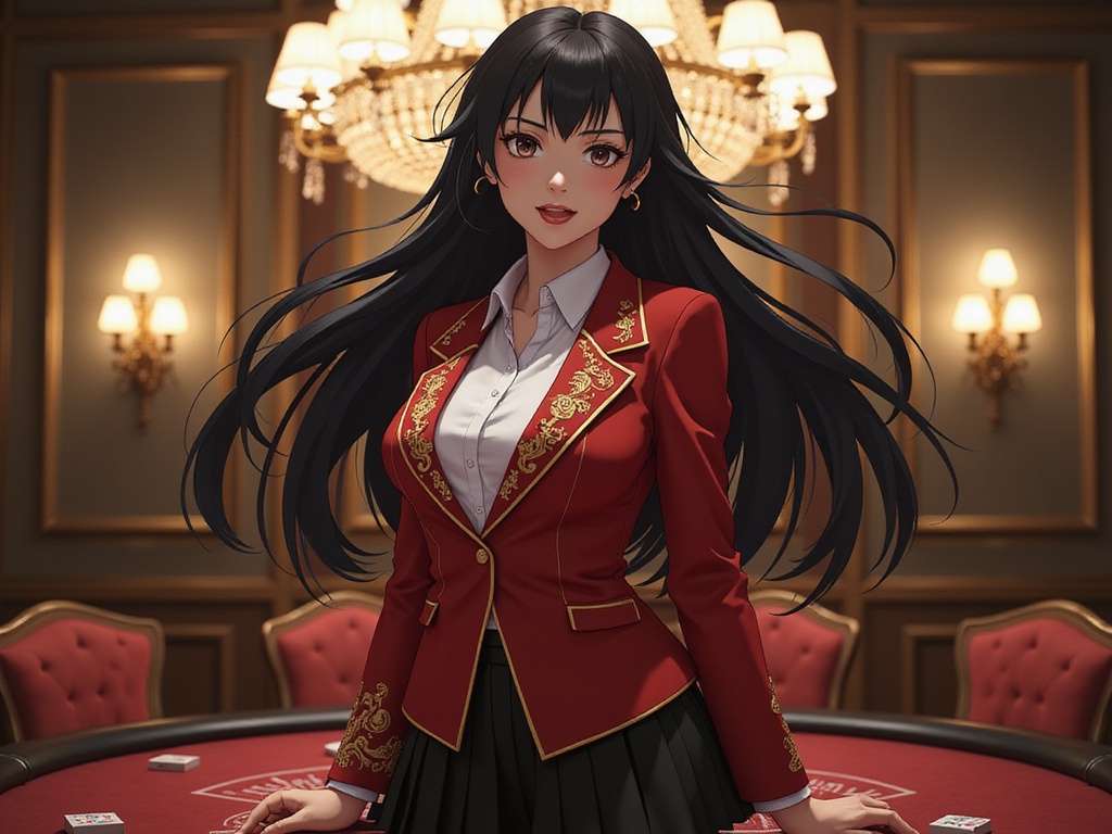A 29-year-old black female, Olivia, transformed into Yumeko Jabami from the anime Kakegurui. She is styled in a striking red blazer adorned with intricate gold embroidery over a crisp white shirt, paired with a pleated black skirt that dances above her knees. Her long, dark hair flows elegantly, accentuating her captivating smile and mischievous eyes that sparkle with excitement. The setting is a lavishly decorated high-stakes gambling room, complete with opulent chandeliers and plush seating, capturing the electrifying atmosphere of intense wagers and strategic gameplay. Lighting highlights her dynamic pose, creating a playful yet intense aura as she leans forward, embodying Yumeko's flair for thrill and risk in a hyper-realistic portrayal.