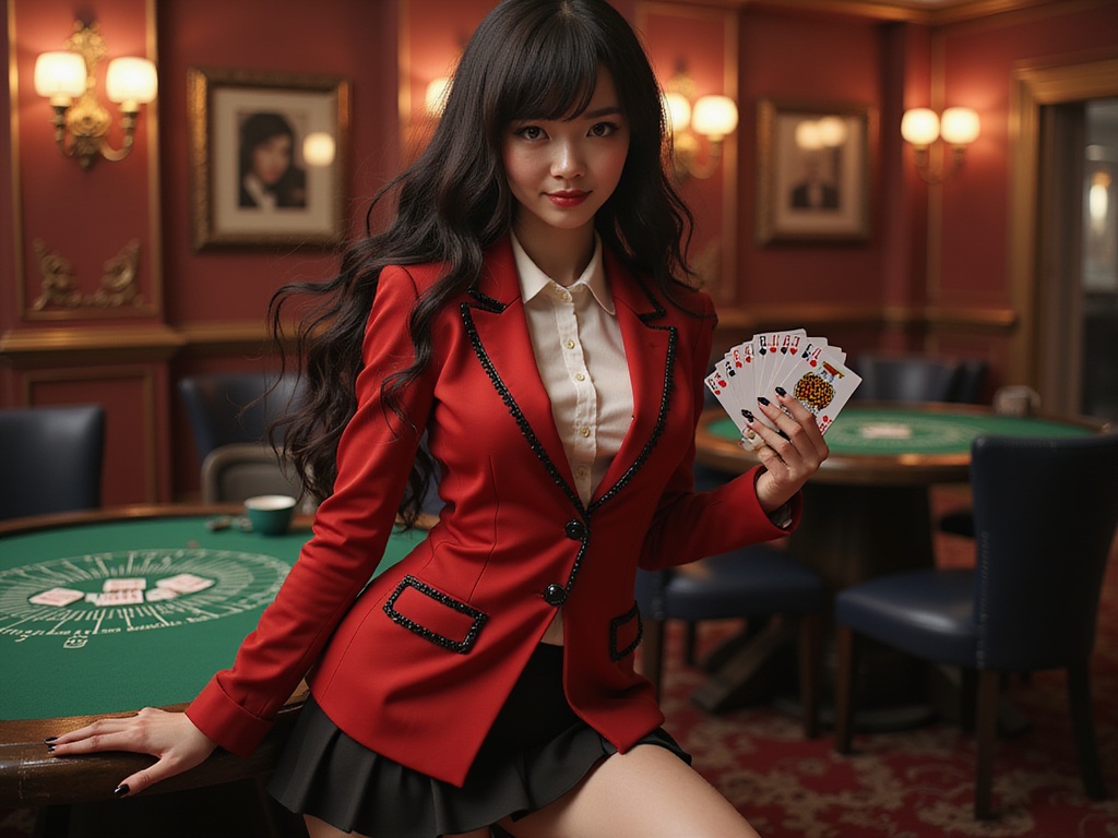 Emily, a 28-year-old woman, embodies Yumeko Jabami from the popular series Kakegurui with striking realism. She is styled in a fitted red blazer adorned with intricate black detailing, reminiscent of Yumeko's signature look, paired with a crisp white blouse and a mini black skirt. Her lustrous, dark hair cascades elegantly, framing her face with playful bangs. The setting is a luxurious, atmospheric gambling hall, rich with opulent decor and dramatic lighting that accentuates her confident, playful expression. She poses with an inviting smile, holding a deck of cards as if inviting the viewer into the game. The lush, deep colors of the environment contrast beautifully with her attire, capturing the thrill of high-stakes gambling in an artful way. The overall mood is one of excitement and intrigue, exuding a magnetic charm that draws you in.