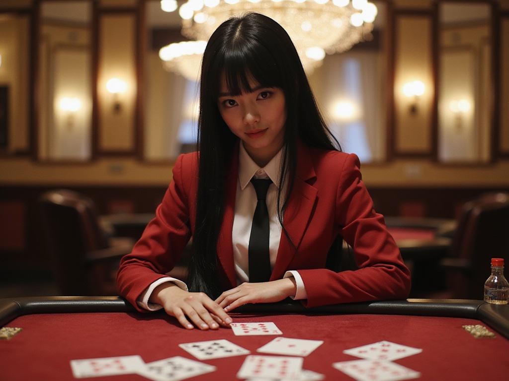 A young woman, Olivia, aged 24, embodying the character Yumeko Jabami from the anime Kakegurui. She portrays a hyper-realistic role-playing scene, styled with long, sleek black hair cascading down her back, accentuated with a crimson blazer and a crisp white shirt paired with a black necktie. The setting is a lavish casino with sparkling chandeliers and an array of playing cards spread across a polished poker table. The atmosphere is packed with tension and excitement, capturing Yumeko's bold and unpredictable nature. Her confident pose leans slightly forward, with a challenging smile that hints at her gambling prowess. Dramatic lighting highlights her striking features, enhancing the allure of this high-stakes environment.