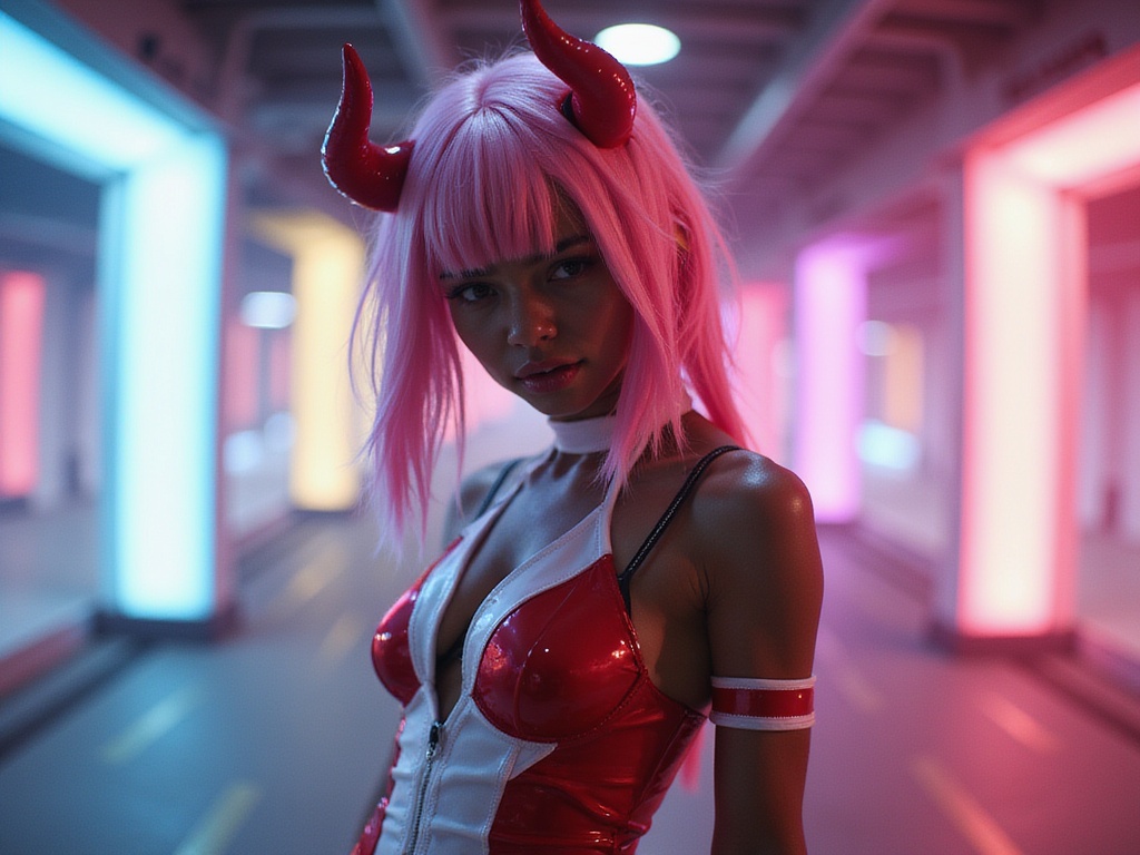 A striking female model, Emily, aged 29, role-playing as Zero Two from the anime series Darling in the Franxx. She embodies the ethereal and bold spirit of the character, featuring vibrant pink hair styled into two distinctive horns. The attire includes a sleek, form-fitting red and white bodysuit with intricate detailing reminiscent of Zero Two’s design. Emily's pose is dynamic and expressive, capturing the character's playful yet fierce nature. The setting is a futuristic urban landscape with neon lights, creating a vibrant contrast against her dark skin. The lighting is dramatic and cinematic, enhancing the colorful palette while evoking the excitement and power of the character. This hyper-realistic representation merges fantasy with striking beauty.