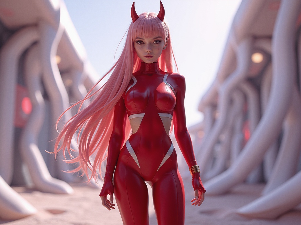 A stunning female model, Olivia, aged 28, embodying Zero Two from the anime series Darling in the Franxx. She has an Arab heritage, with striking features that enhance her elegance. Dressed in an exquisite, form-fitting red jumpsuit that mirrors Zero Two's iconic outfit, complete with a high collar and white accents. Her long, flowing pink hair cascades down her back, while two signature horns protrude from her head. The setting is a futuristic, ethereal landscape, incorporating sci-fi elements with soft, glowing lights and mechanical structures in the background, evoking a sense of otherworldly beauty. The lighting is soft and dreamy, accentuating the character's allure. The pose is dynamic, as she stands confidently with a hint of mischief in her eyes, capturing Zero Two's spirit in a hyper-realistic style.