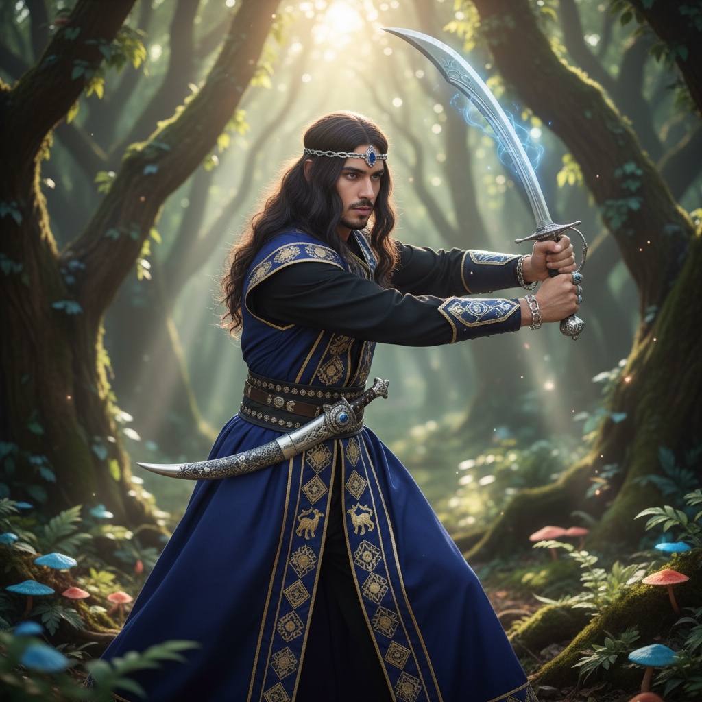 A 27-year-old male, James, role-playing in an elaborate fantasy cosplay outfit inspired by a mythical Arab warrior. He is dressed in a flowing, deep blue kaftan adorned with intricate gold embroidery, layered over a fitted black undergarment. His accessories include a wide ornate belt with a jeweled dagger and delicate silver jewelry that glimmers in the light. His hair is styled long and wavy, adorned with a silver circlet, emphasizing a regal presence. The setting is an enchanted forest, with ethereal lighting filtering through the trees, creating a dreamlike atmosphere. The pose captures him mid-action, wielding a beautifully crafted sword, exuding strength and heroism. The composition draws on the rich visual storytelling of high fantasy, evoking a sense of adventure and grandeur.