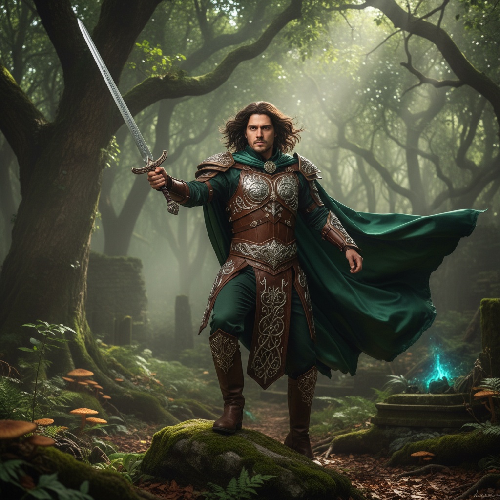 A 23-year-old male cosplayer named Michael, portraying a fantasy warrior character with intricate details in his outfit. He wears a leather breastplate adorned with ornate metal embellishments, complemented by a flowing emerald green cape that billows dramatically behind him. His long, tousled hair cascades over his shoulders, framing a chiseled face. The setting is a mystical forest, with dappled sunlight filtering through the trees, creating an ethereal atmosphere. He holds a replica sword, poised in a dynamic stance that exudes strength and courage. The scene is captured in rich, vibrant colors, emphasizing the fantasy theme and the intricate textures of his costume. This hyper-realistic portrayal captures not only the character's essence but also the excitement of cosplay as an art form.